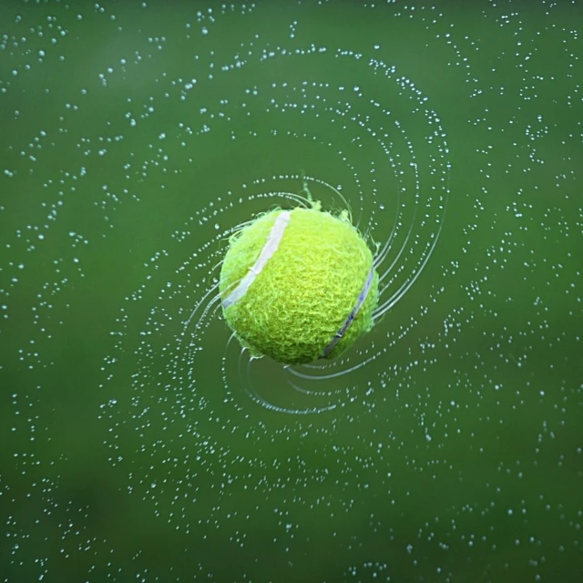 A spinning tennis ball leaving a trail of water in a spiral shape